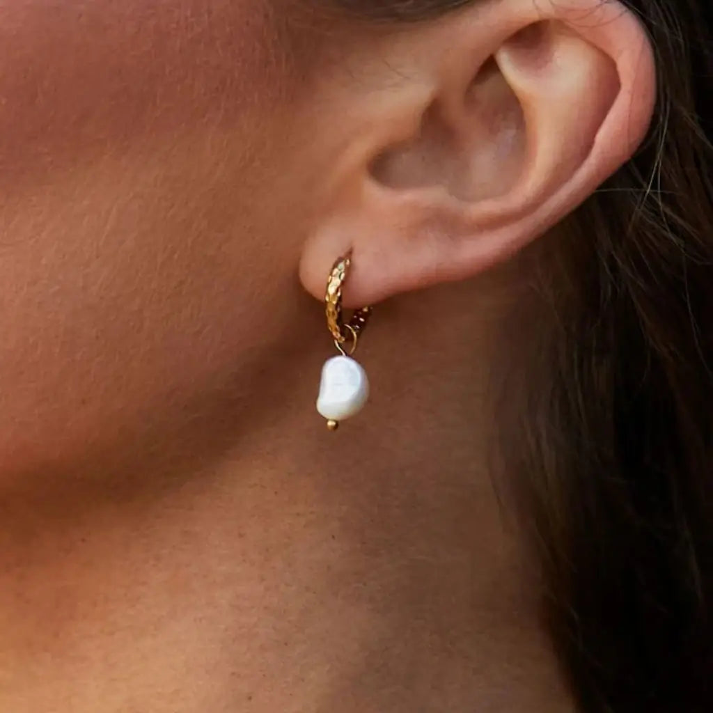 Eilyor textured pearl hoop earrings 18k PVD on ear
