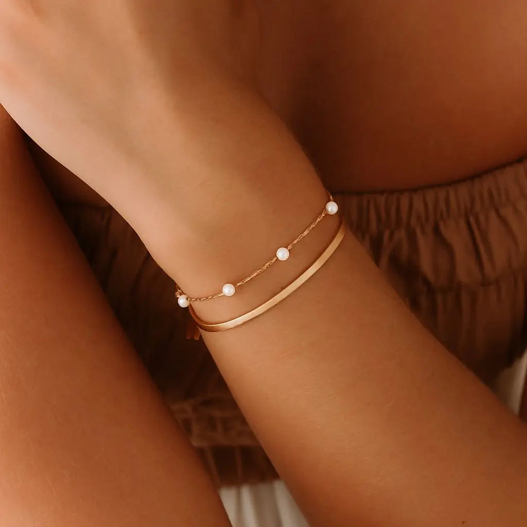 Eilyor herringbone layered bracelet waterproof 18k PVD close up