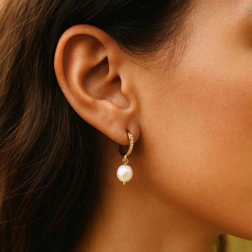 Eilyor freshwater pearl huggie hoops waterproof close up