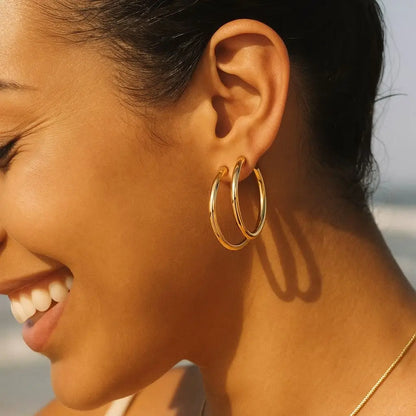 Eilyor thin hoop earrings waterproof 18k PVD close up